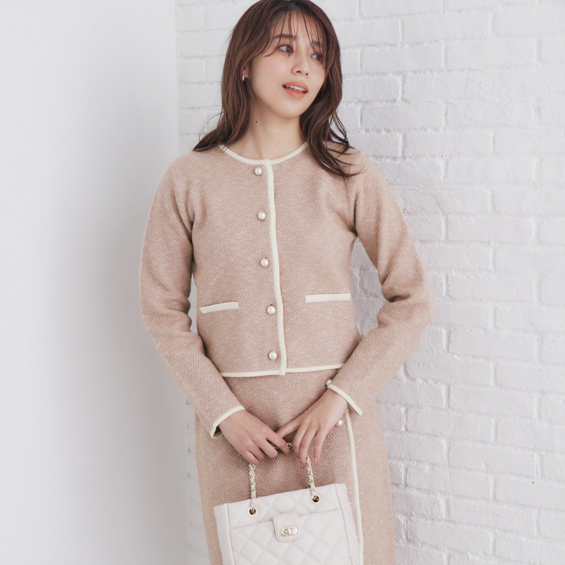 index「パール調ツイードライクノーカラーカーディガン/セットアップ対応【洗濯機洗い可】」|カーディガン|ライトピンク(870
