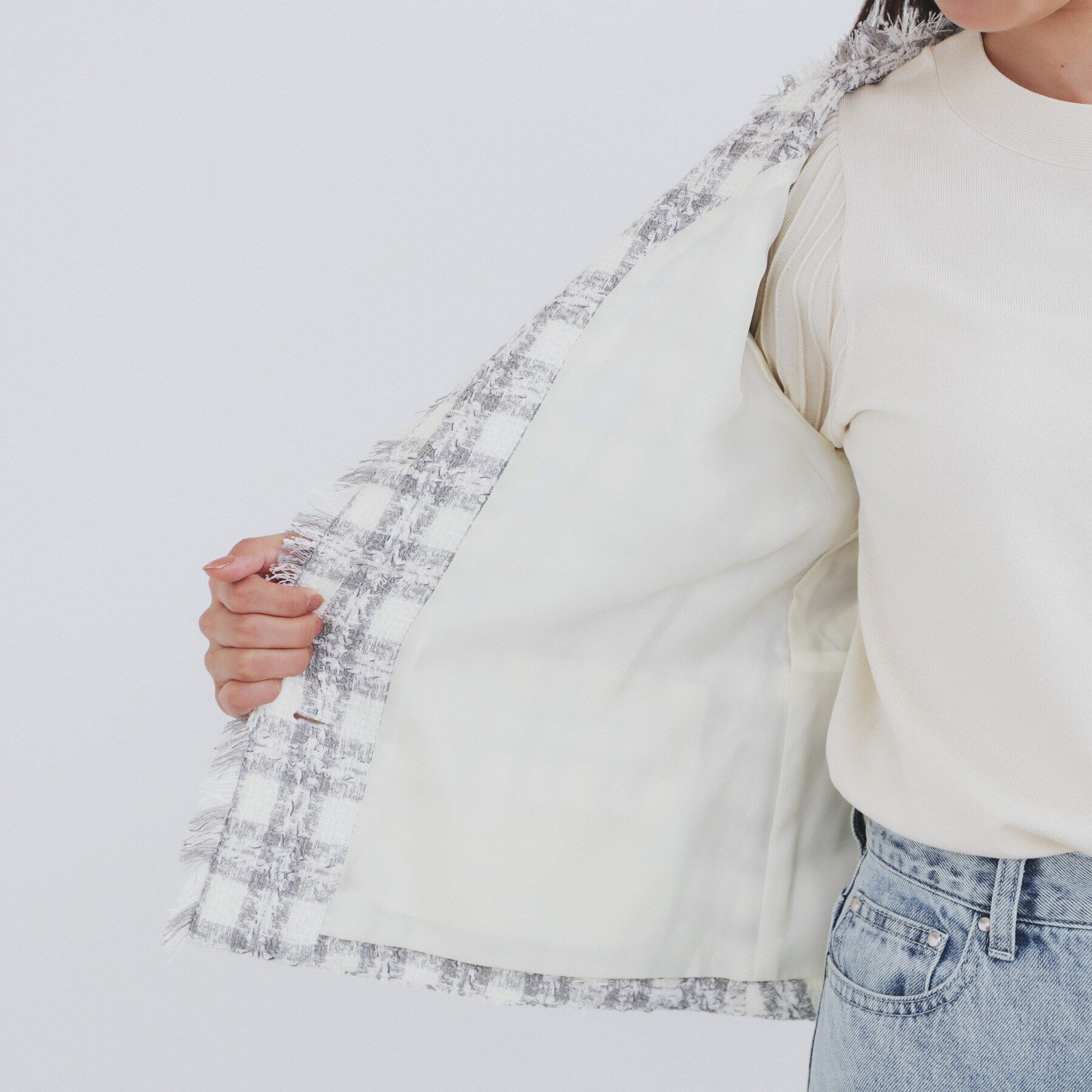 index「チェックツイードノーカラーコート/セットアップ対応【洗える】」|ノーカラーコート|