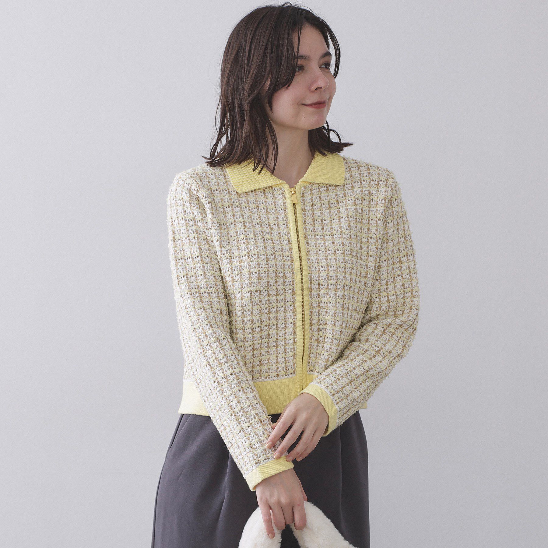 OPAQUE.CLIP「ツイードライクZIPニットカーディガン」|カーディガン|イエロー(431)
