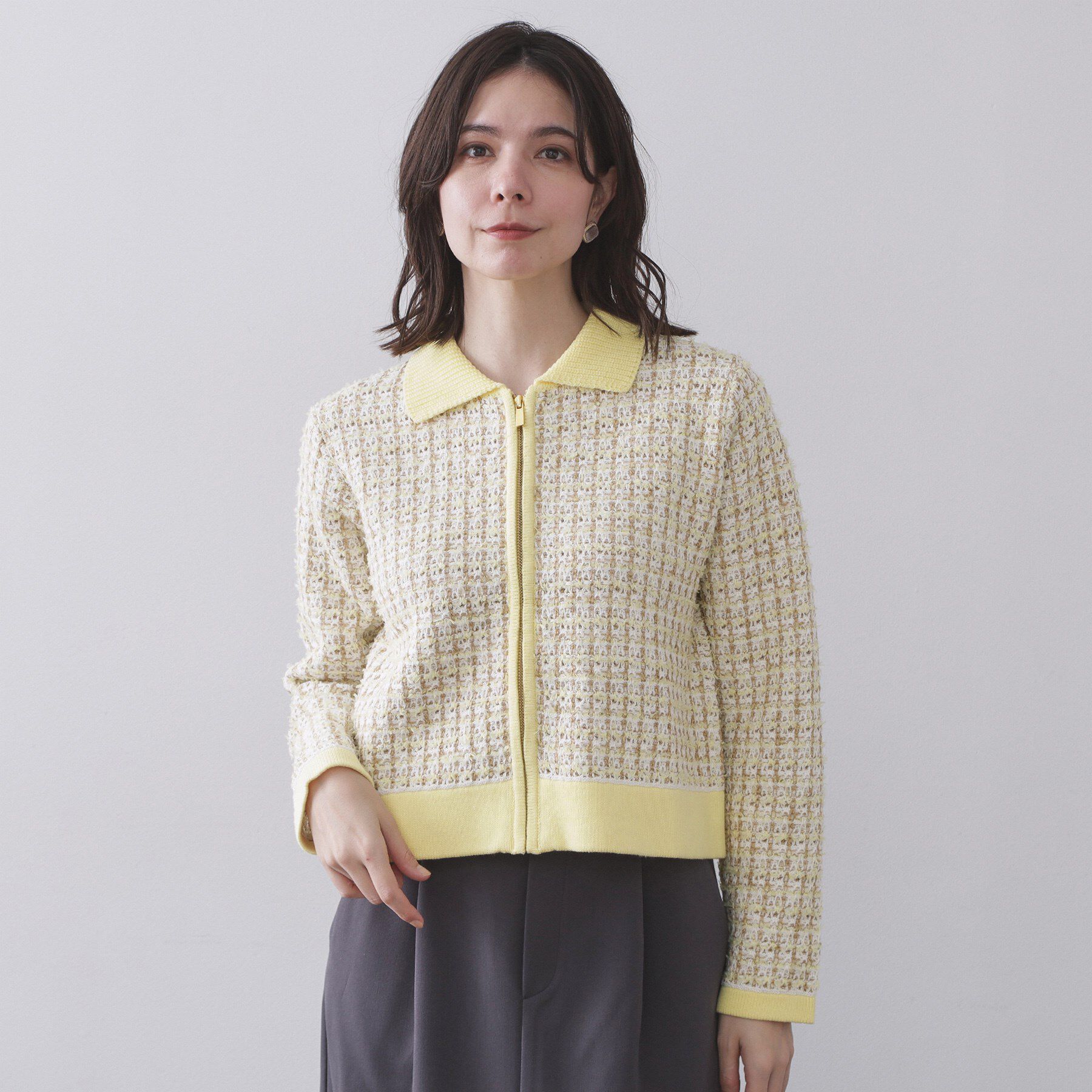 OPAQUE.CLIP「ツイードライクZIPニットカーディガン」|カーディガン|