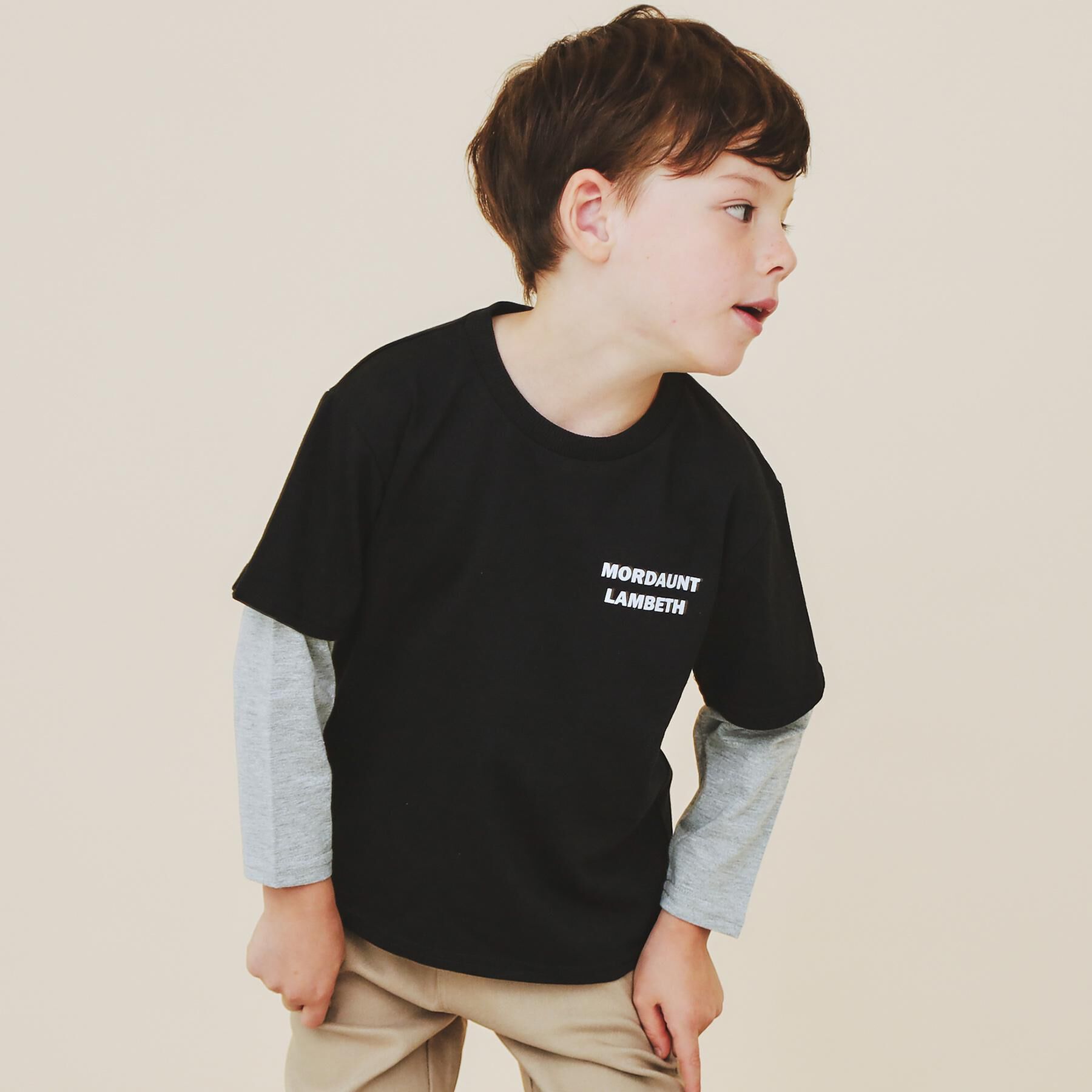 THE SHOP TK「【110－160】レイヤード風デニムアップリケロンTee」|Tシャツ・カットソー|ブラック(019)