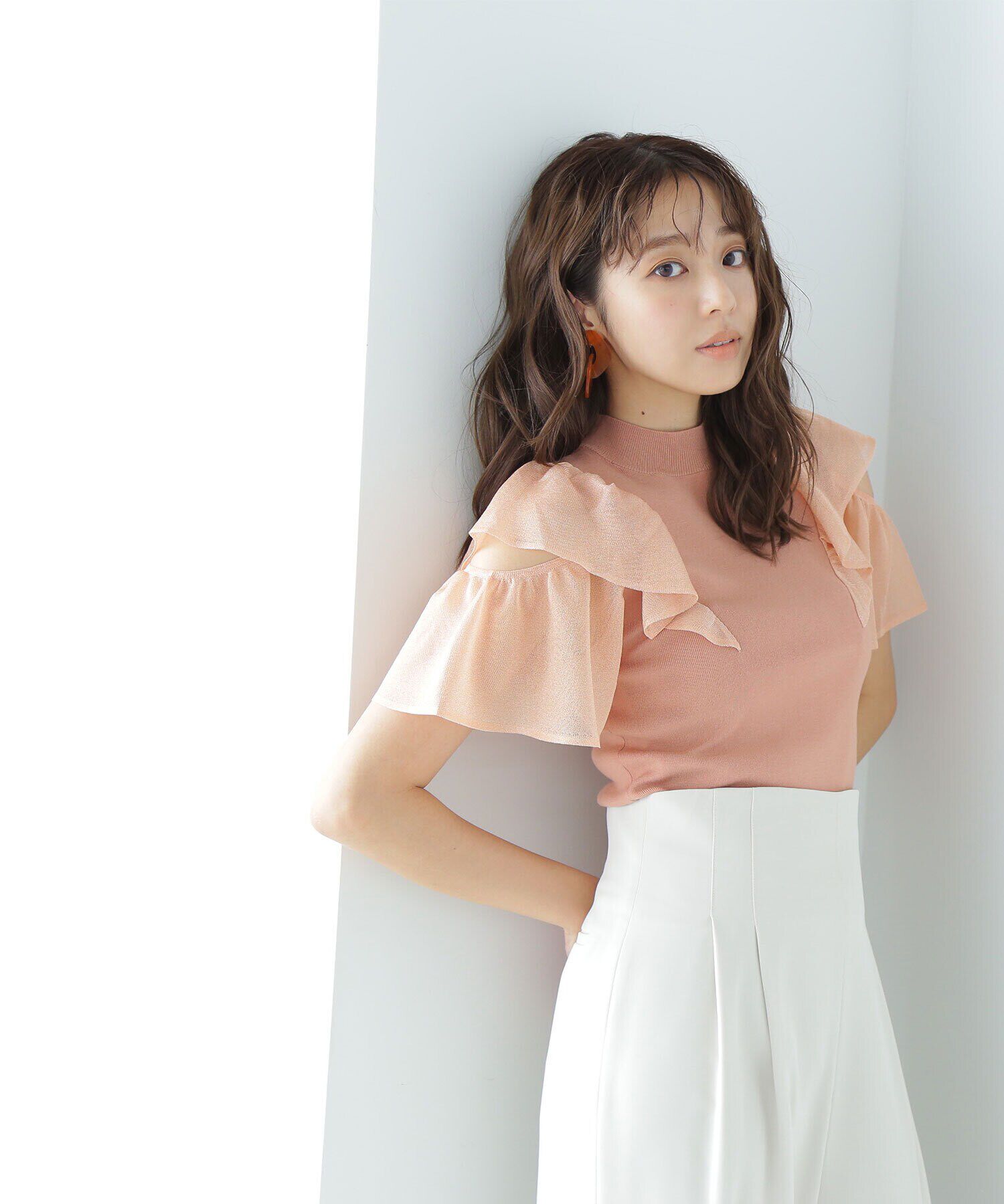  「ラッフルシアースリーブニット」|ニット・セーター|アプリコット