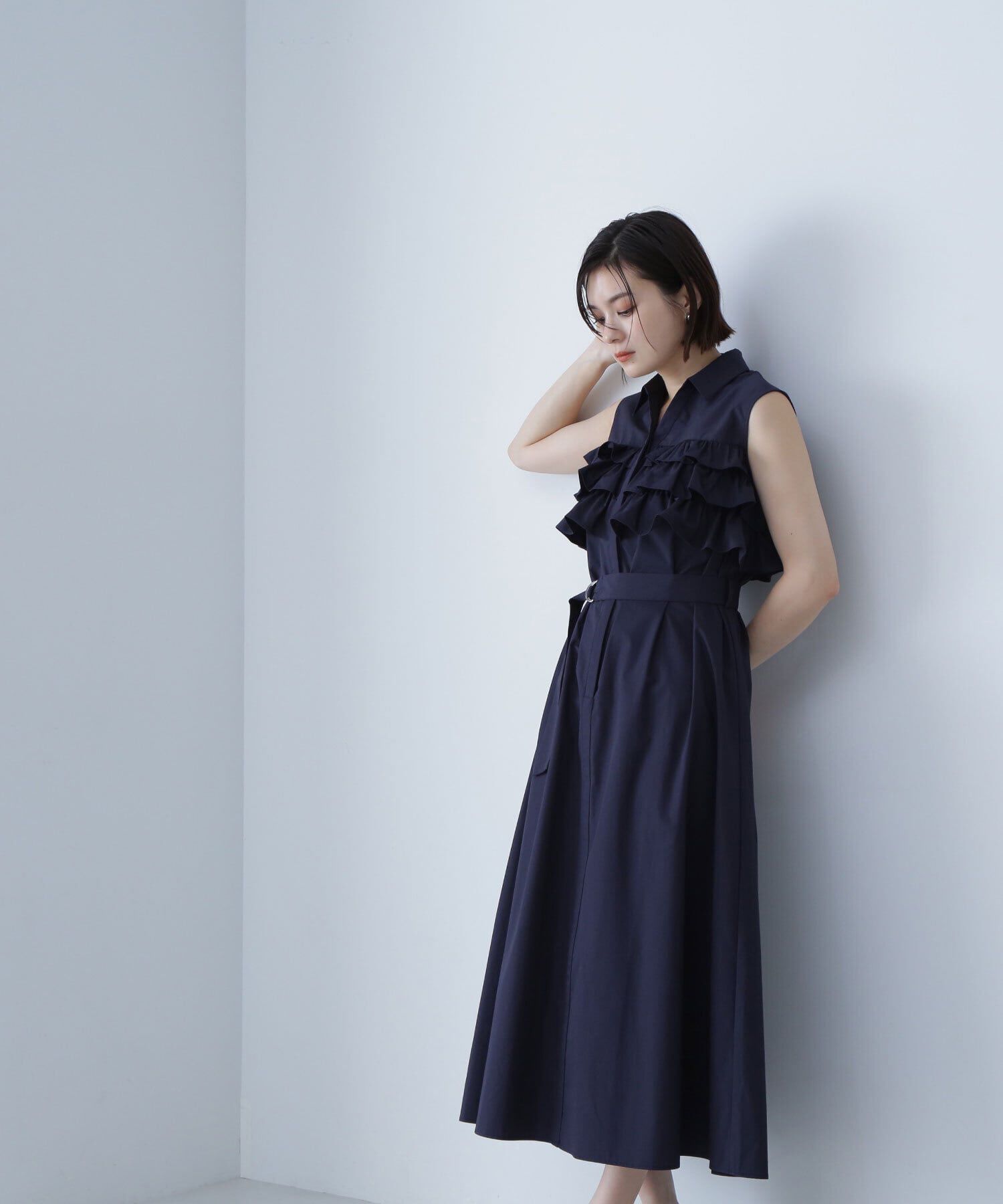  「ベルテッドフリルシャツワンピース」|ワンピース|ネイビー