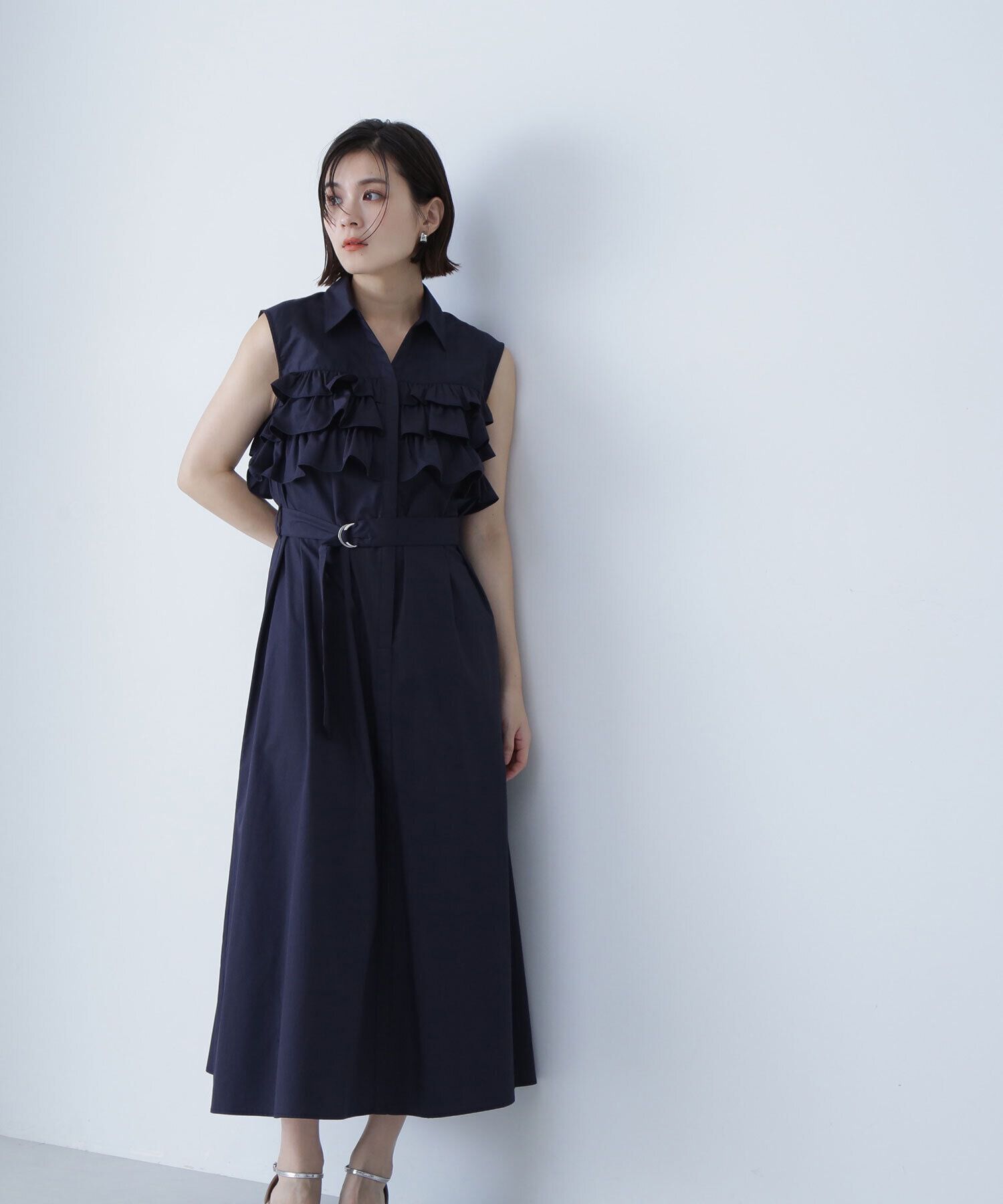  「ベルテッドフリルシャツワンピース」|ワンピース|