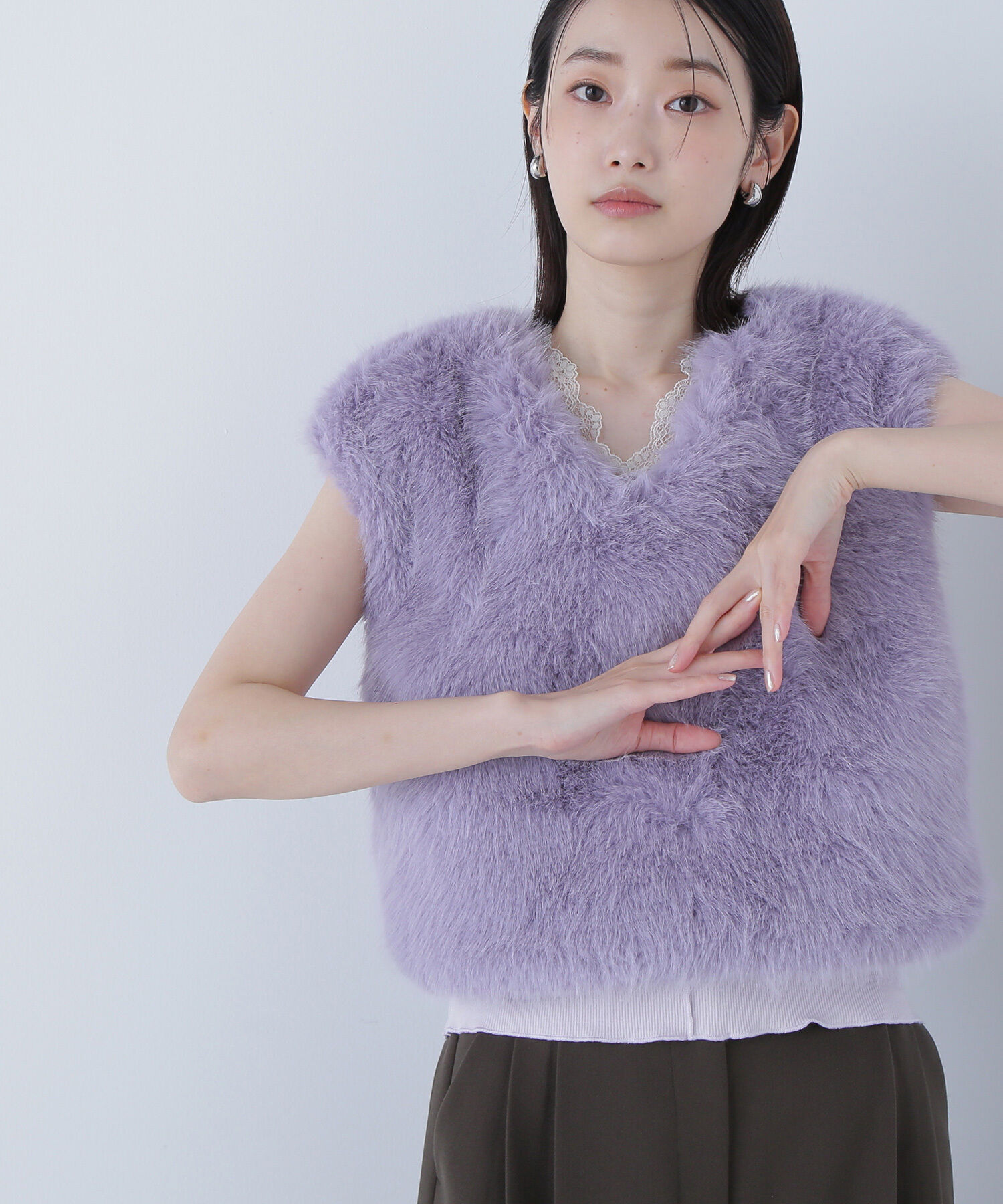  「フェイクファーショートベスト」|ブルゾン・スタジャン|ラベンダー