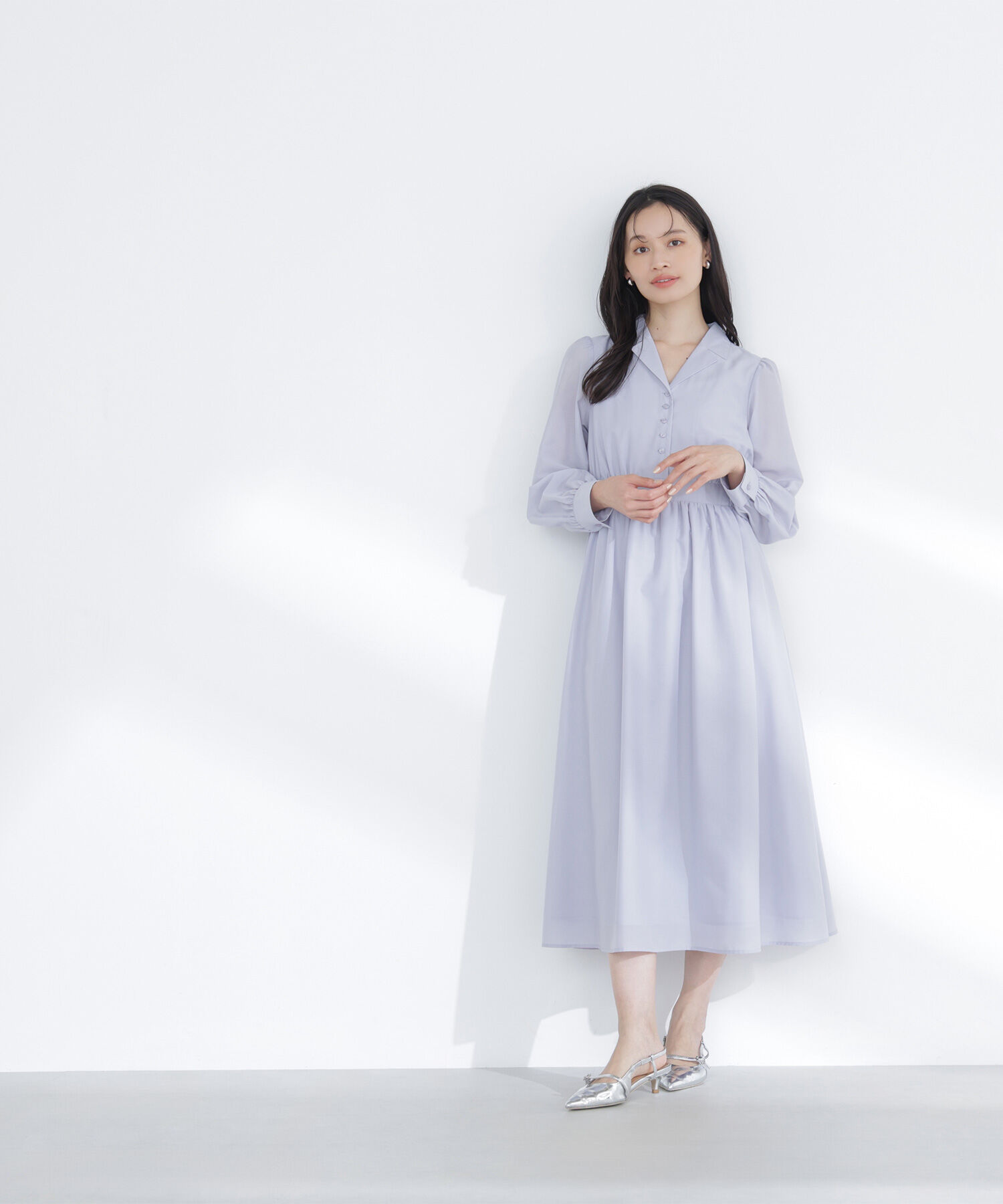  「フロントボタン開襟ワンピース」|ワンピース|ブルーグレー
