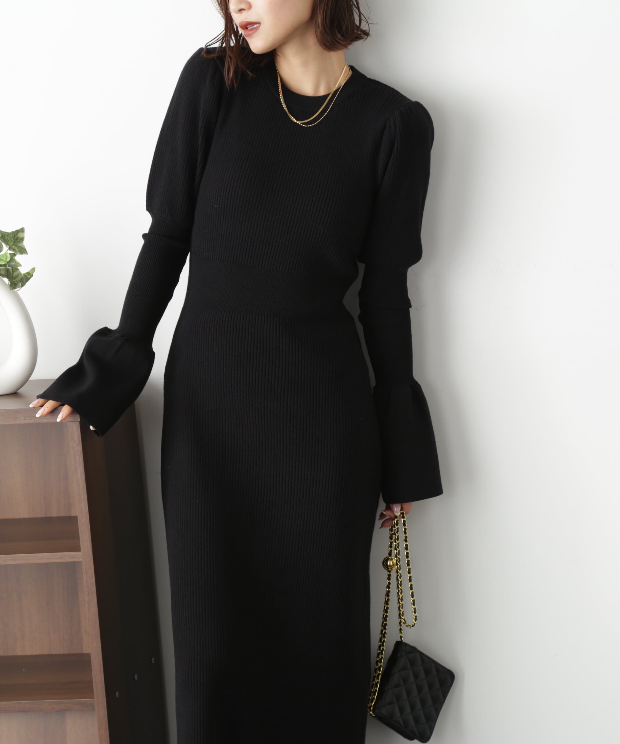  「パフスリーブリブニットワンピース」|ワンピース|