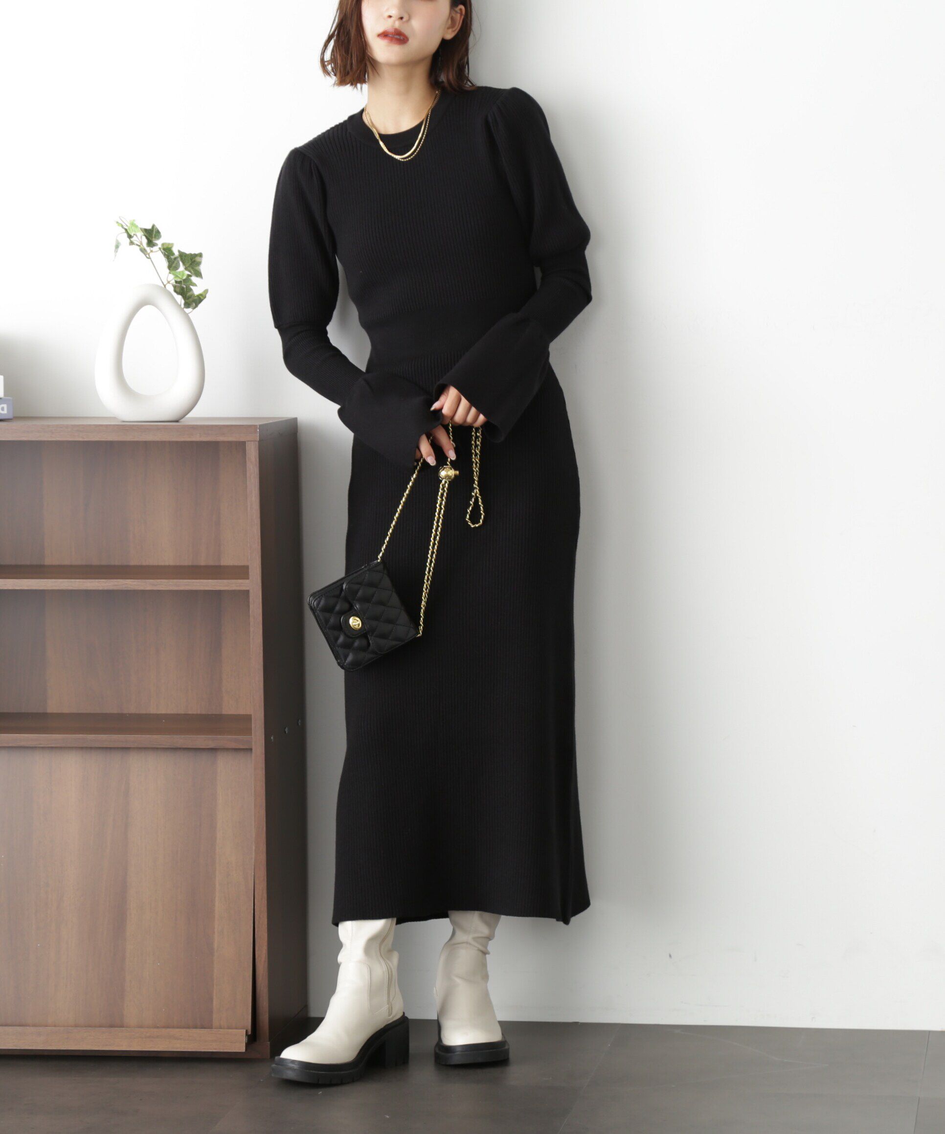  「パフスリーブリブニットワンピース」|ワンピース|