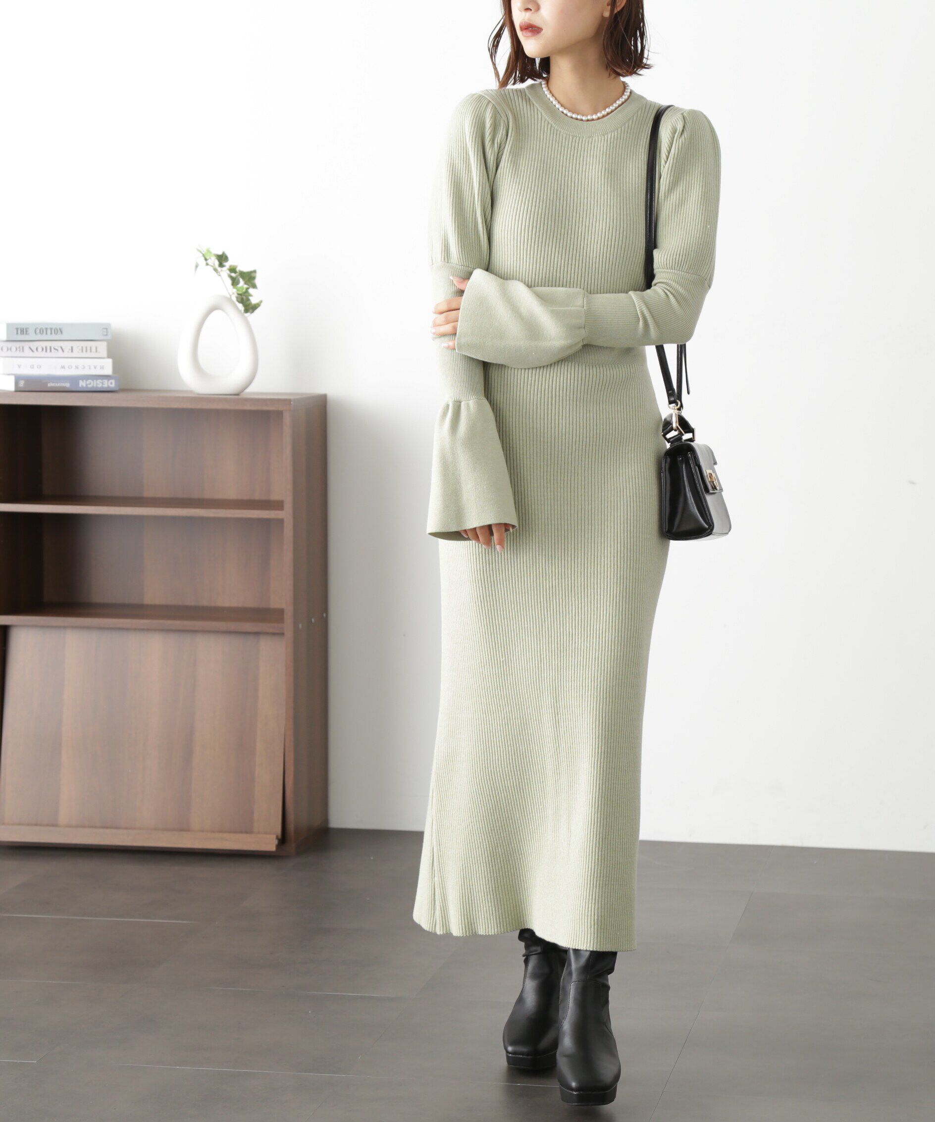  「パフスリーブリブニットワンピース」|ワンピース|