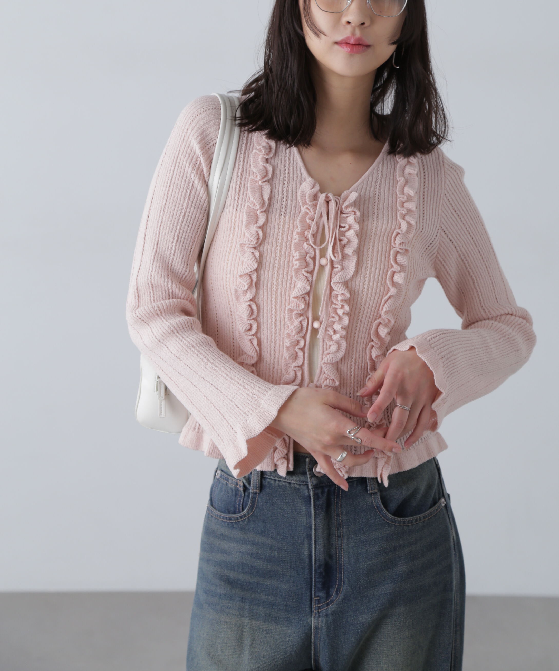  「フリルアイレットリブニットカーディガン」|ニット・セーター|ピンク