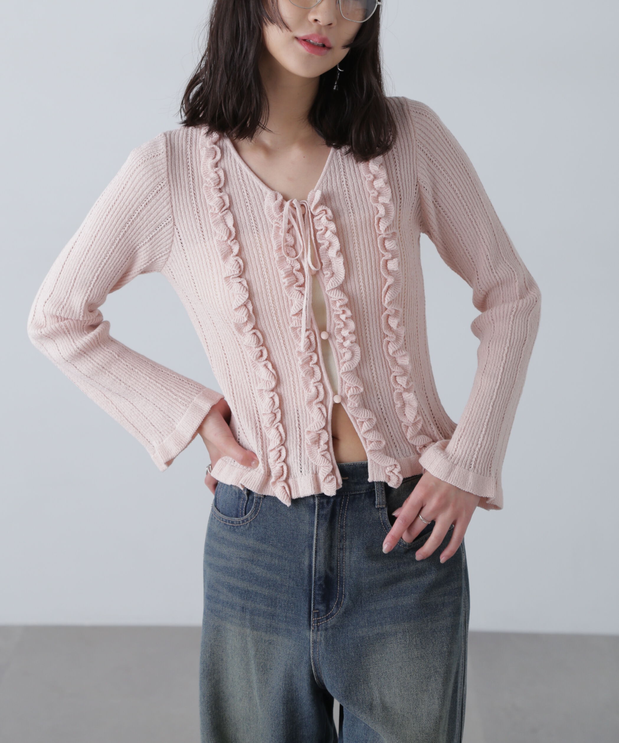  「フリルアイレットリブニットカーディガン」|ニット・セーター|