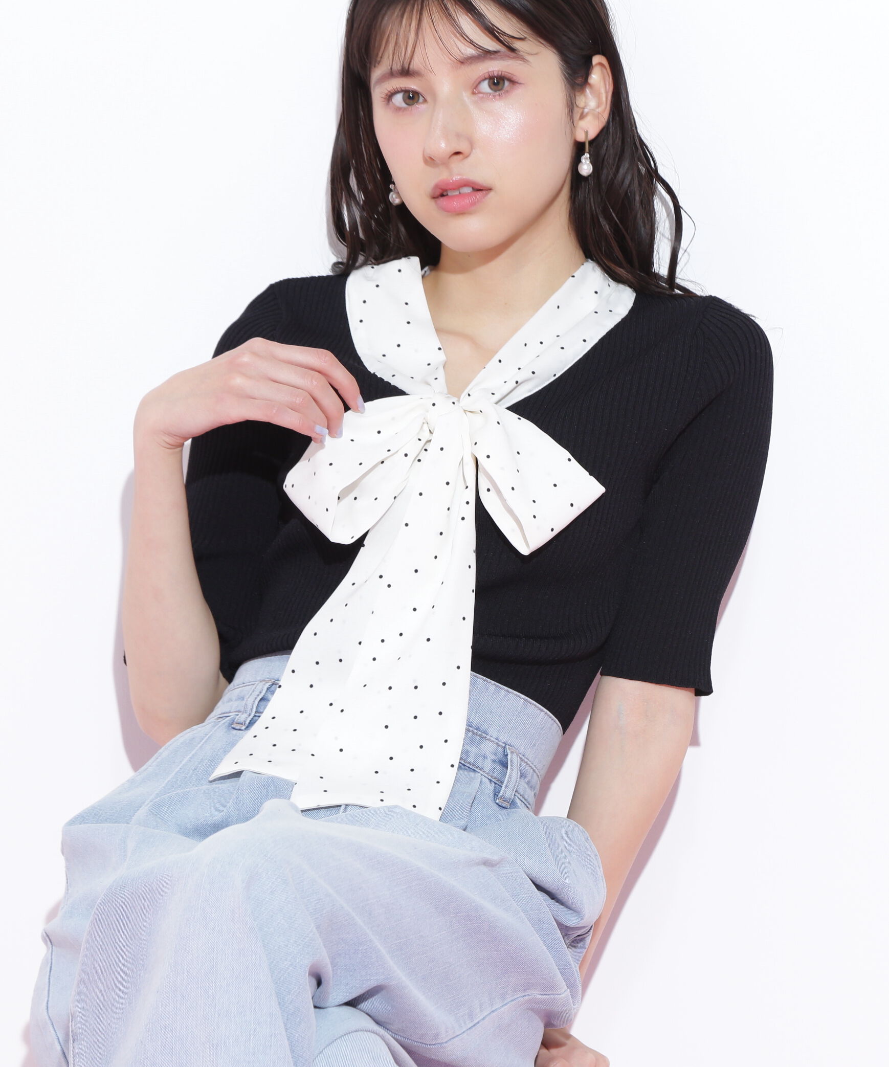  「ボウタイリブニット」|ニット・セーター|ブラック&times;オフ