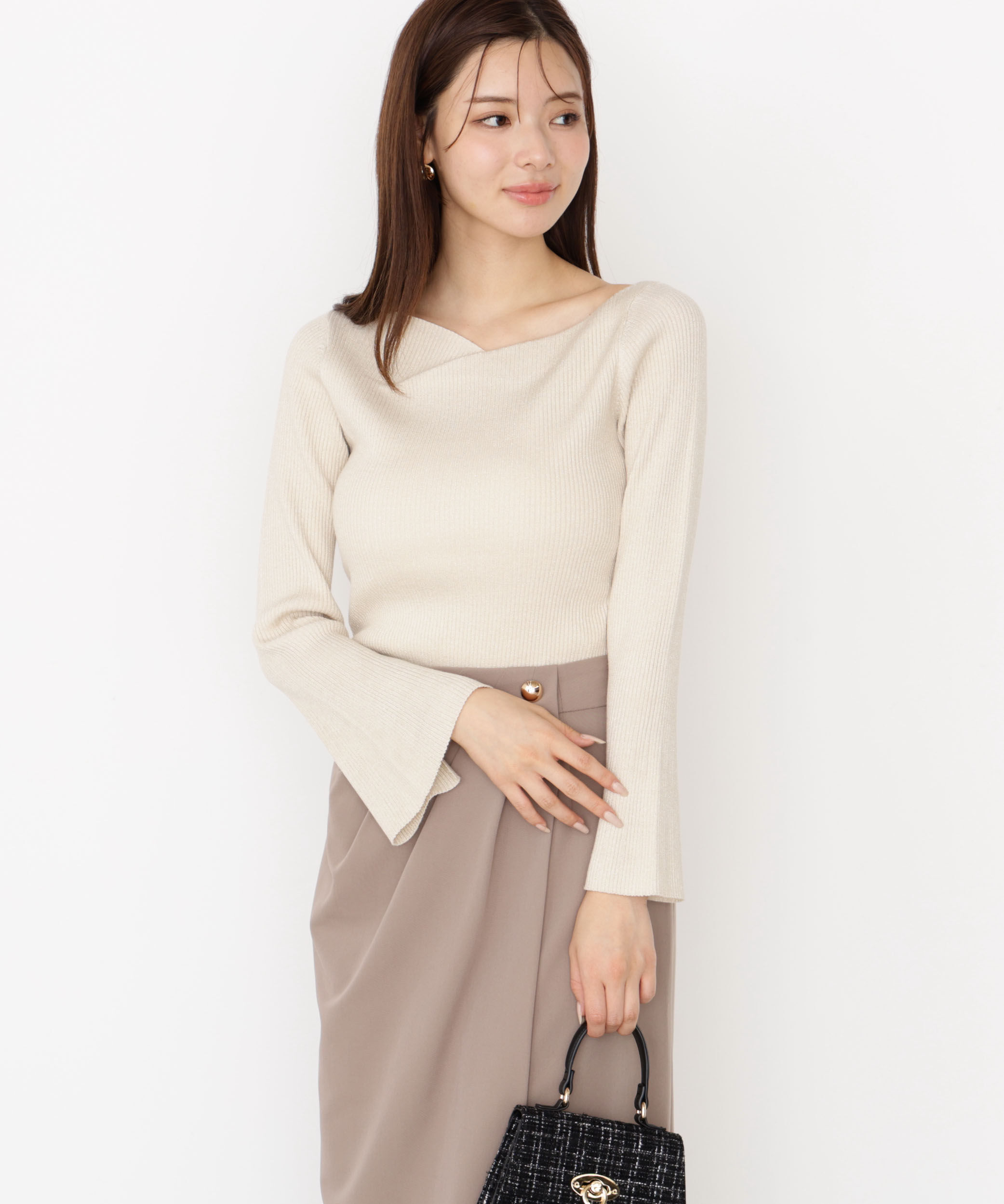 PROPORTION BODY DRESSING「＜ハンドウォッシャブル＞ニュアンスネックラメリブニット 25AW」|ニット・セーター|エクリュ1