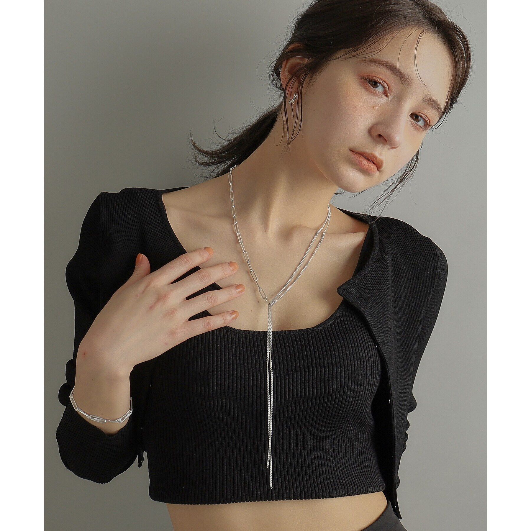 COCOSHNIK ONKITSCH「シルバー ミックスチェーン フラット カーブドレープY ネックレス」|ネックレス|