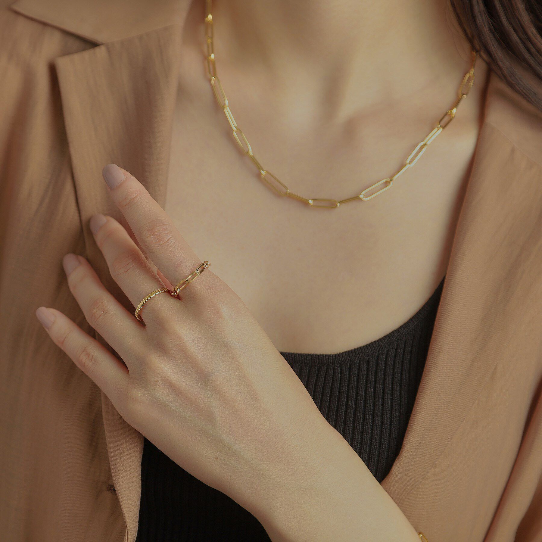 COCOSHNIK「K18中空プリムケーブルチェーン リングL」|リング|