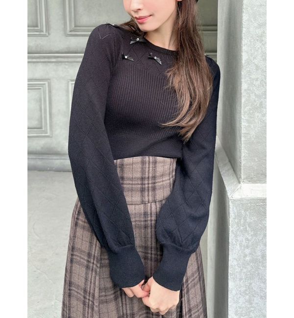 RESEXXY「ビジューサテンリボンニットトップス」|ニット・セーター|ブラック