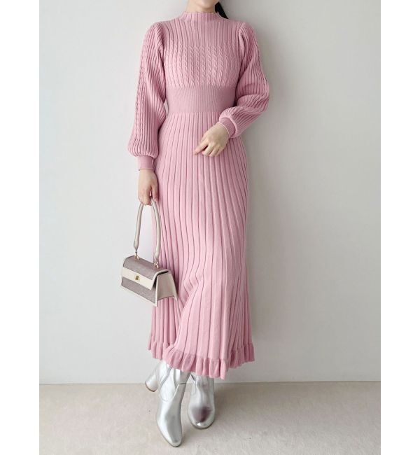 MERCURYDUO「ケーブルプリーツフレアニットワンピース」|ワンピース|ピンク