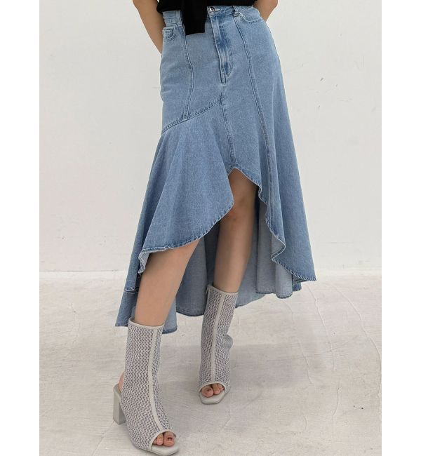 MERCURYDUO「デニムイレギュラーヘムフレアスカート」|スカート|アイスブルー