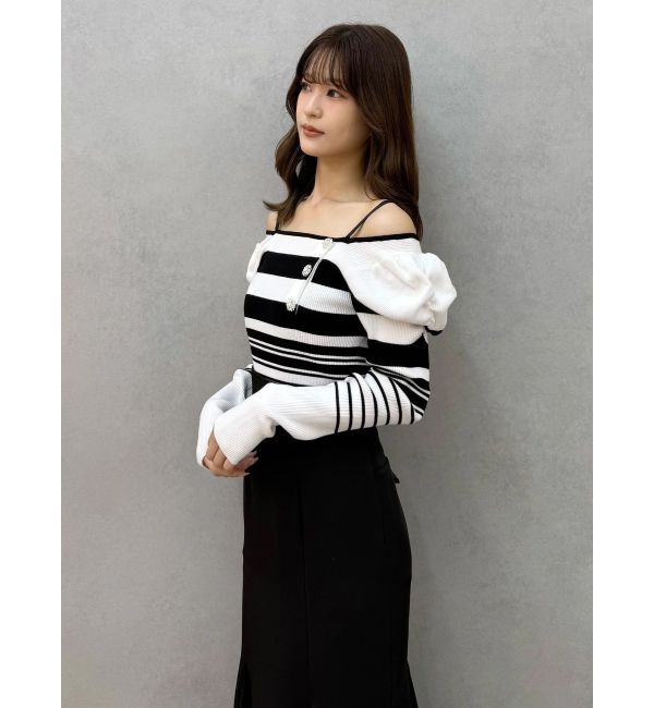 MERCURYDUO「サイドビジューボタンパフスリーブニット」|ニット・セーター|