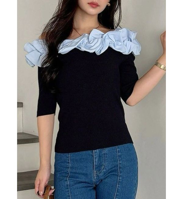 MERCURYDUO「2WAY異素材ランダムラッフルニット」|ニット・セーター|ネイビー