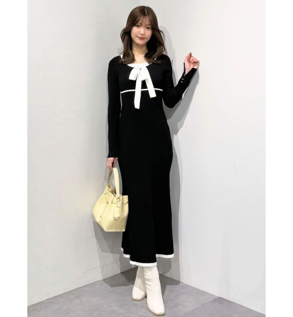 MERCURYDUO「バイカラーリボンリブニットワンピース」|ワンピース|