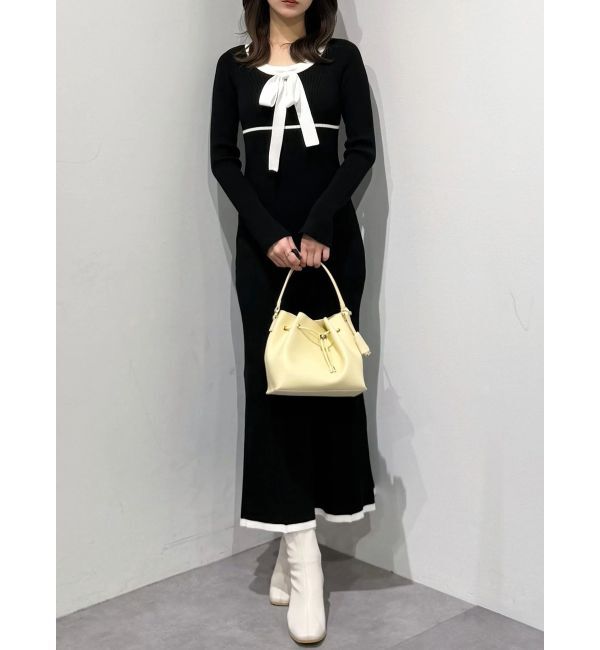 MERCURYDUO「バイカラーリボンリブニットワンピース」|ワンピース|