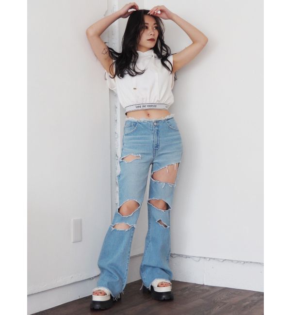 EVRIS「ハイダメージフレアデニムパンツ【セットアップ着用可能】」|デニム|