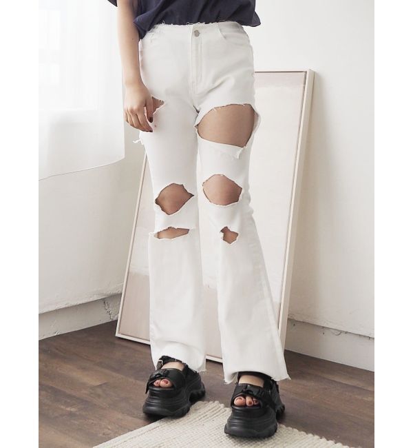 EVRIS「ハイダメージフレアデニムパンツ【セットアップ着用可能】」|デニム|