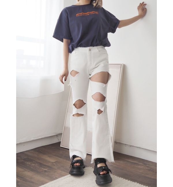 EVRIS「ハイダメージフレアデニムパンツ【セットアップ着用可能】」|デニム|