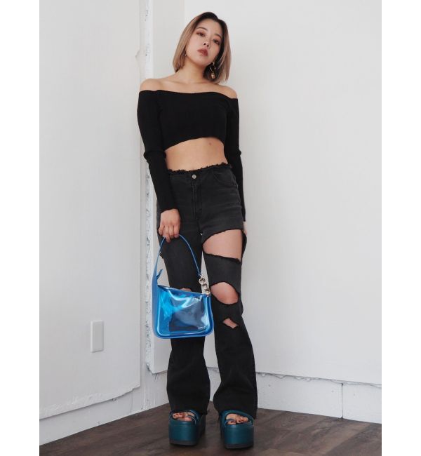 EVRIS「ハイダメージフレアデニムパンツ【セットアップ着用可能】」|デニム|