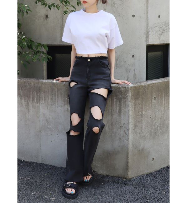 EVRIS「ハイダメージフレアデニムパンツ【セットアップ着用可能】」|デニム|