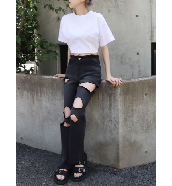 EVRIS「ハイダメージフレアデニムパンツ【セットアップ着用可能】」|デニム|