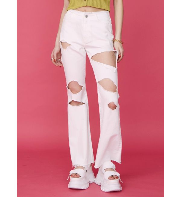 EVRIS「ハイダメージフレアデニムパンツ【セットアップ着用可能】」|デニム|