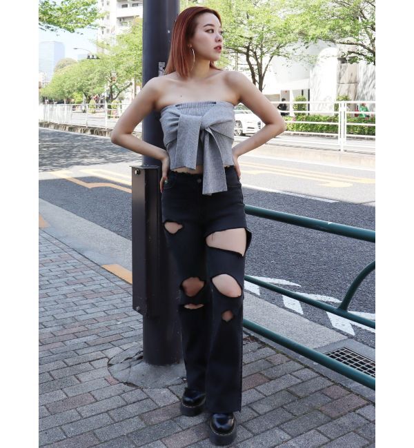 EVRIS「ハイダメージフレアデニムパンツ【セットアップ着用可能】」|デニム|