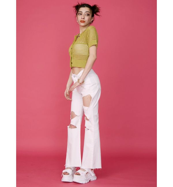 EVRIS「ハイダメージフレアデニムパンツ【セットアップ着用可能】」|デニム|