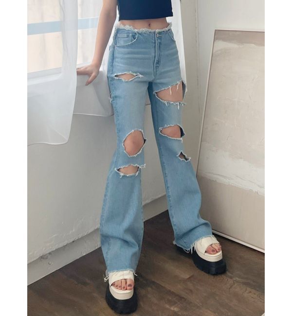 EVRIS「ハイダメージフレアデニムパンツ【セットアップ着用可能】」|デニム|アイスブルー