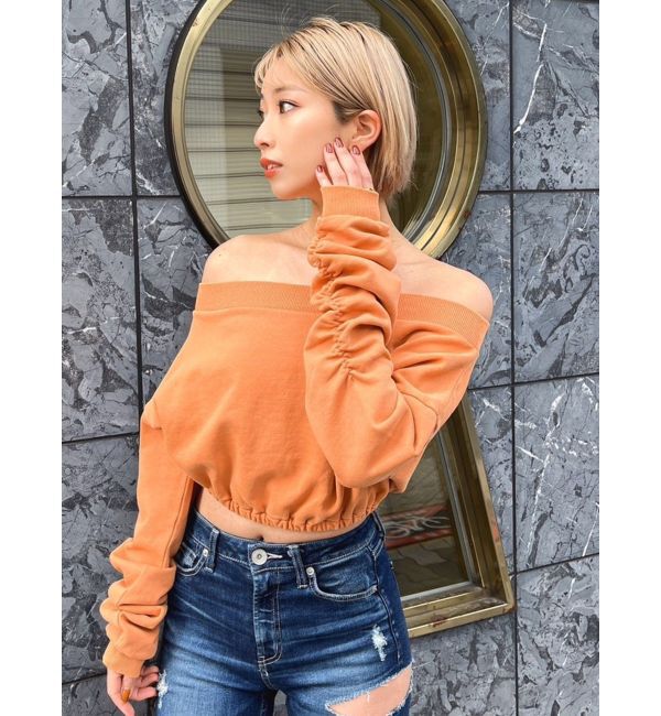 GYDA「アームギャザーピグメントオフショル ショートスウェットトップス」|Tシャツ・カットソー|