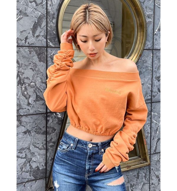 GYDA「アームギャザーピグメントオフショル ショートスウェットトップス」|Tシャツ・カットソー|