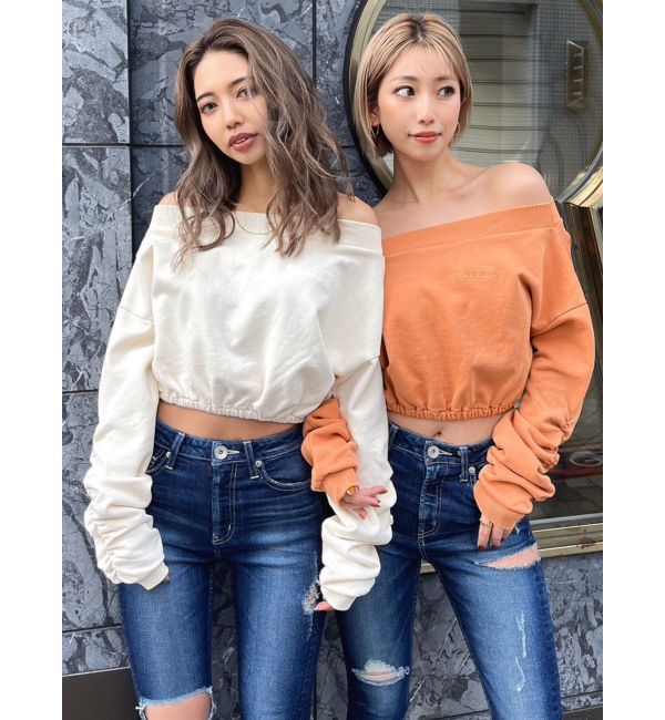 GYDA「アームギャザーピグメントオフショル ショートスウェットトップス」|Tシャツ・カットソー|