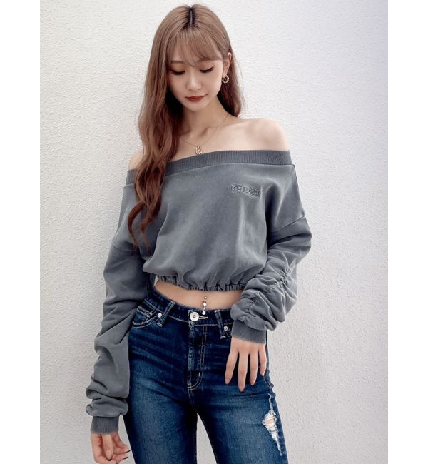 GYDA「アームギャザーピグメントオフショル ショートスウェットトップス」|Tシャツ・カットソー|