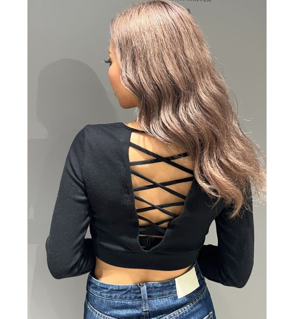 GYDA「カップ付きBACKレースアップテレコロンT」|Tシャツ・カットソー|ブラック