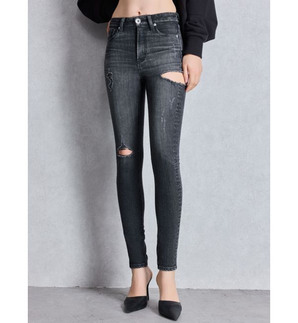 GYDA「ミドルウエストSIDE RIPPEDスキニーデニムパンツ」|デニム|ブラック