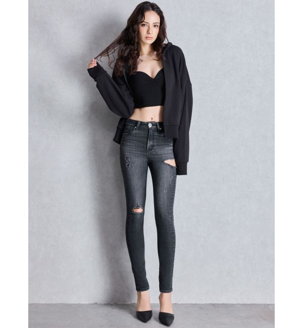 GYDA「ミドルウエストSIDE RIPPEDスキニーデニムパンツ」|デニム|