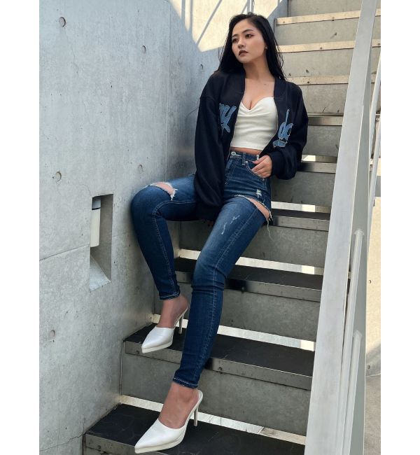 GYDA「ミドルウエストSIDE RIPPEDスキニーデニムパンツ」|デニム|