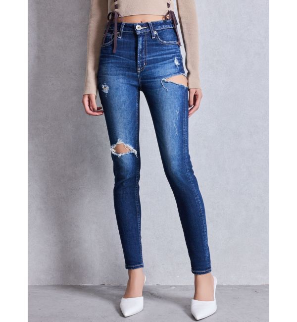 GYDA「ミドルウエストSIDE RIPPEDスキニーデニムパンツ」|デニム|ブルー