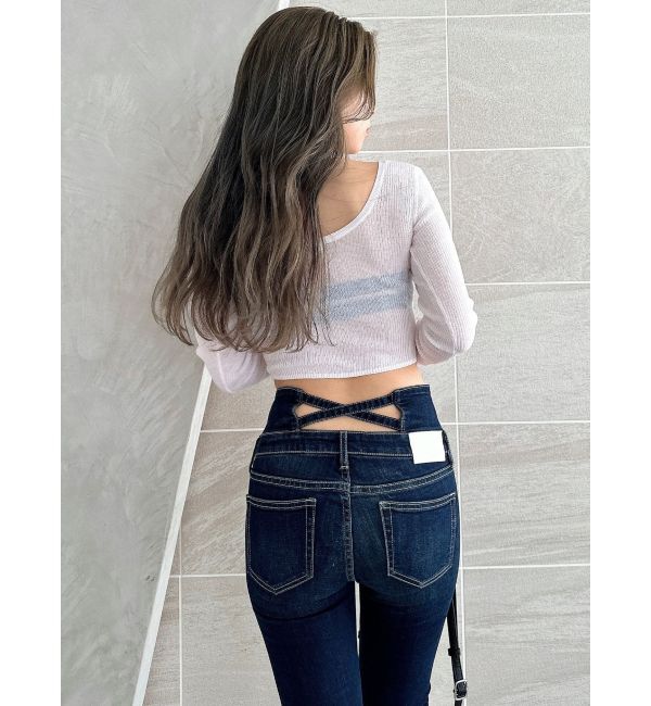 GYDA「ハイウエストウエストクロススキニーデニムパンツ」|デニム|