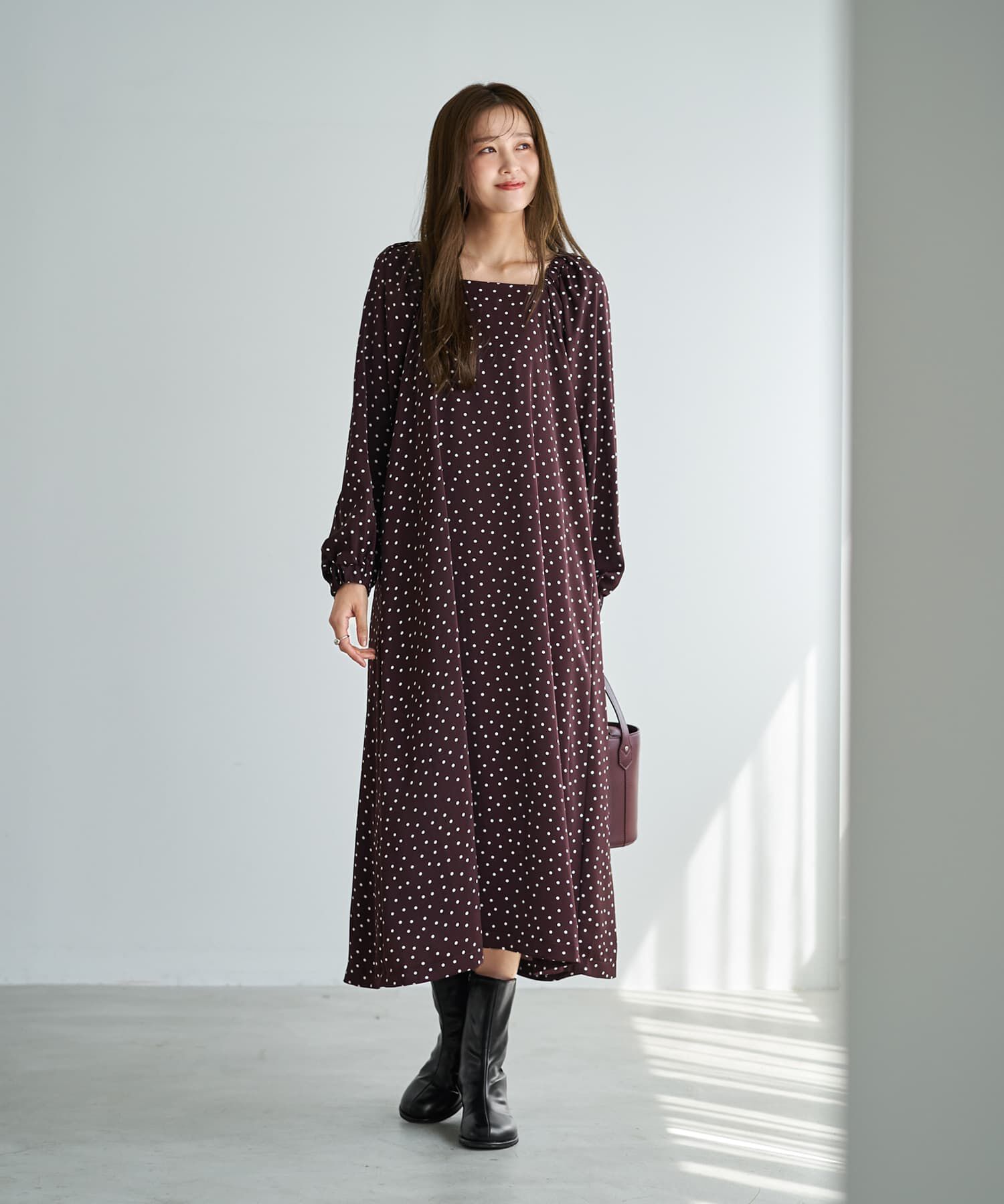 STYLE DELI「ドット柄スクエアネックワンピ―ス」|ワンピース|ワインブラウン