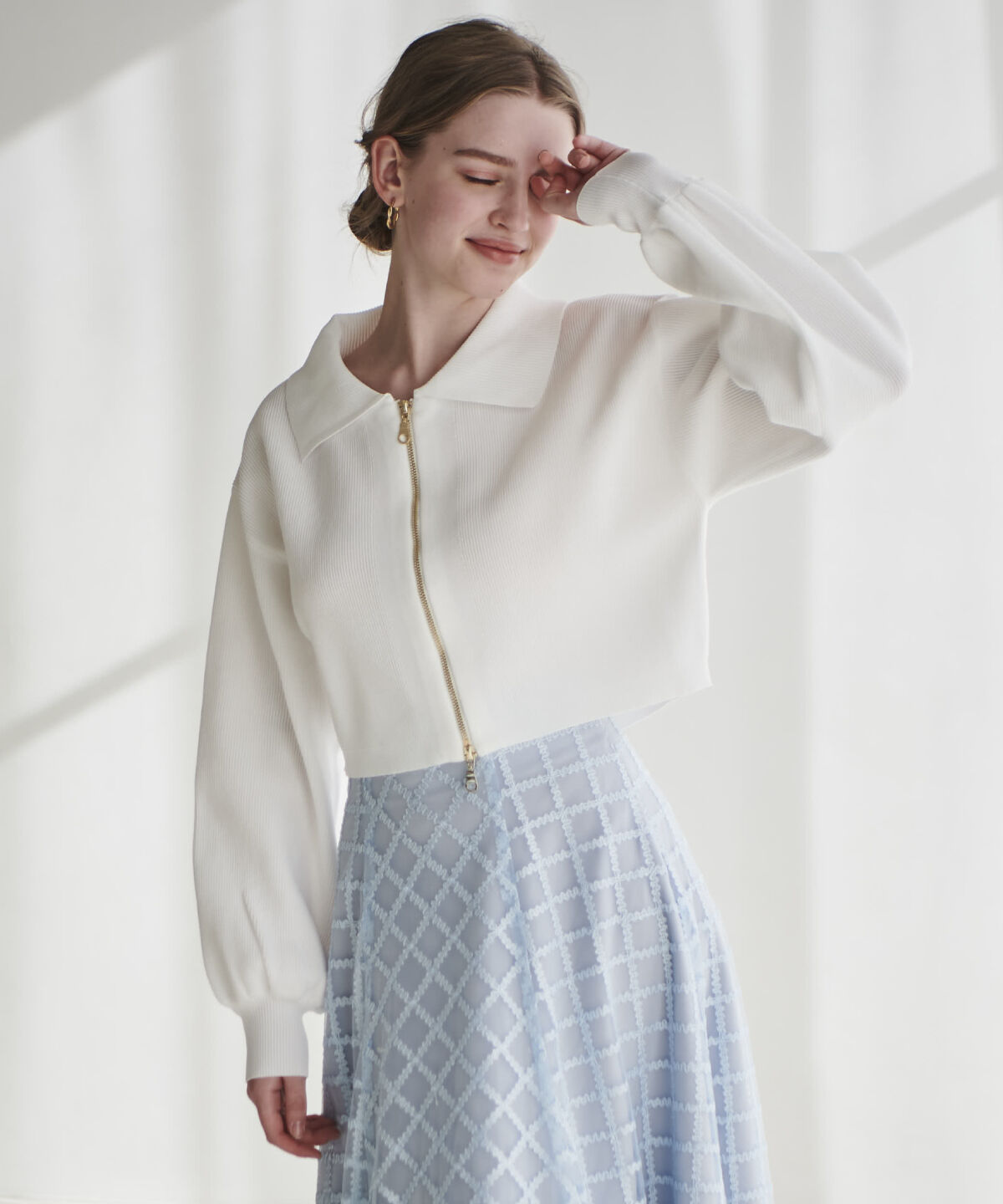 アンドクチュール「ダブルジップ片畦ニットブルゾン」|カーディガン|オフ