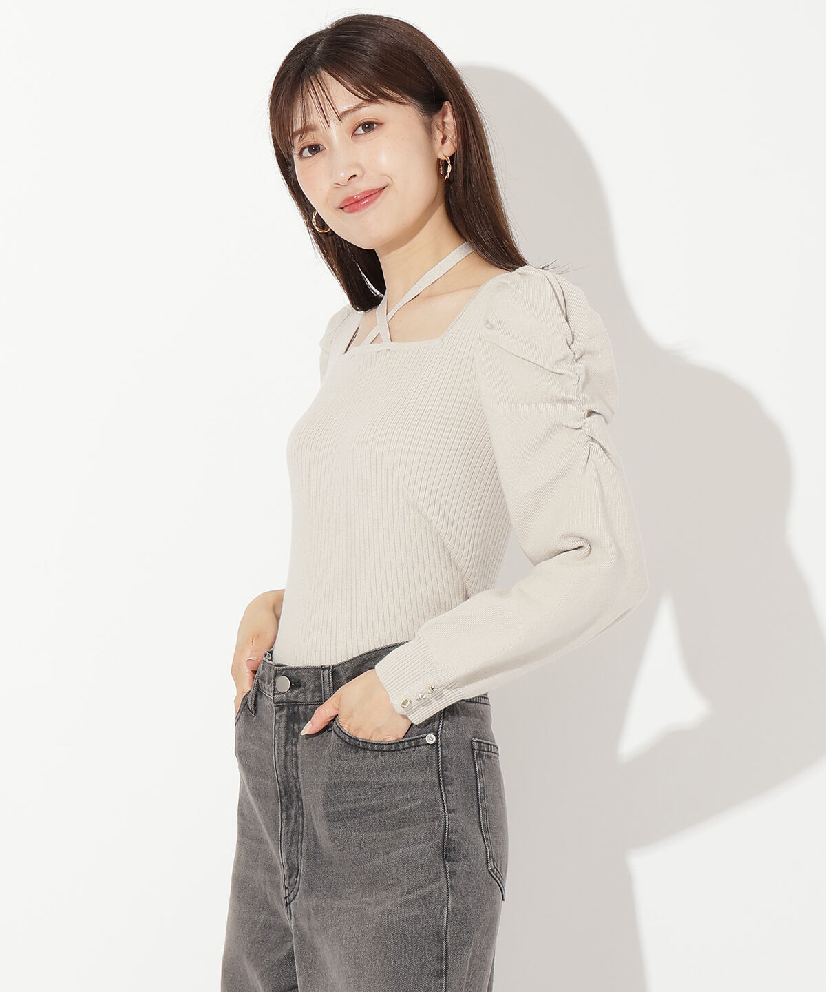 アンドクチュール「スクエアネック袖ギャザーラメプルオーバー」|ニット・セーター|