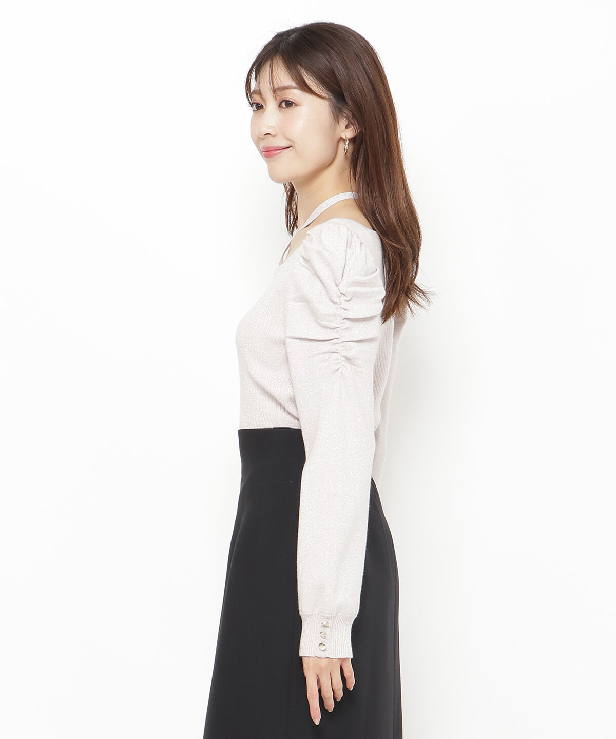 アンドクチュール「スクエアネック袖ギャザーラメプルオーバー」|ニット・セーター|